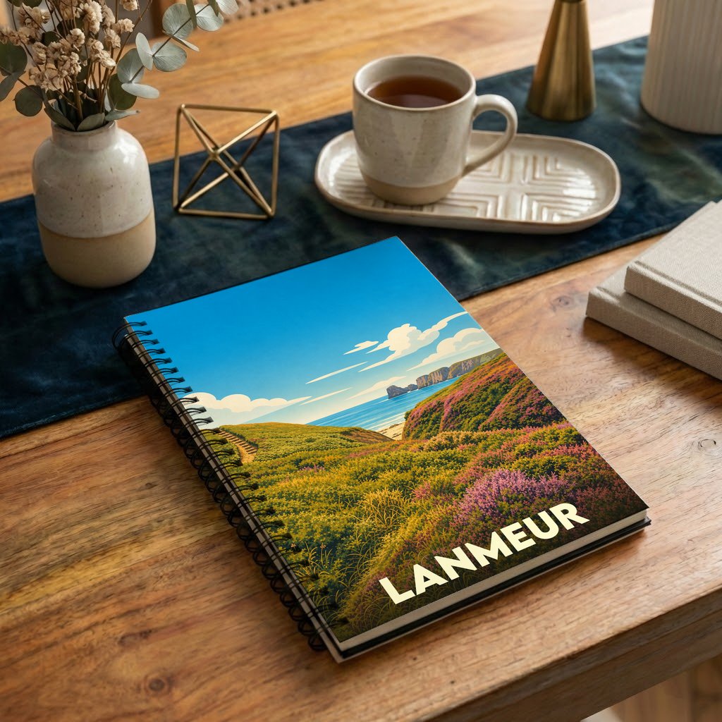 Carnet souvenir de la ville de Lanmeur avec une illustration stylisée de paysages côtiers fleuris.