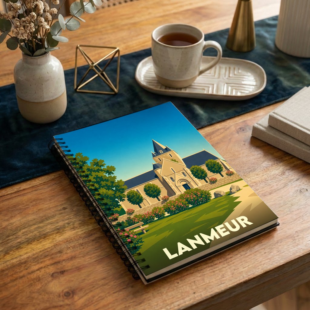 Carnet à spirales souvenir de la ville de Lanmeur avec une illustration stylisée de son église et de ses jardins.