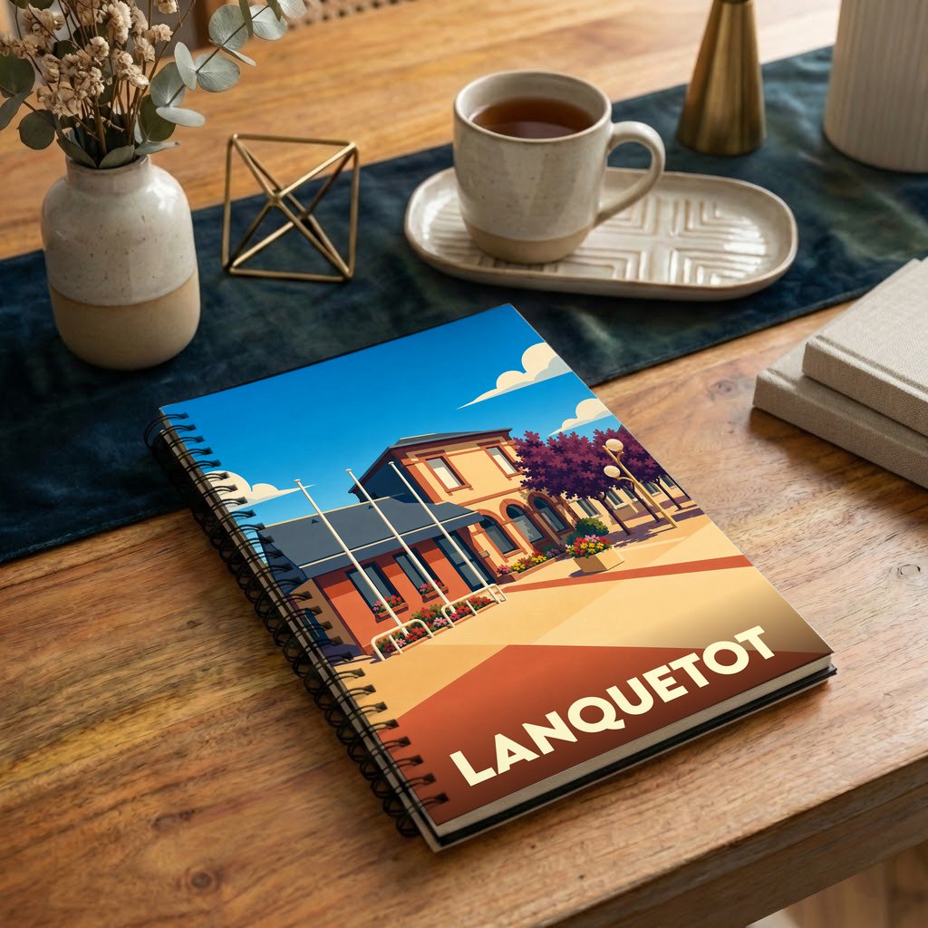 Carnet souvenir de la ville de Lanquetot avec une illustration stylisée.