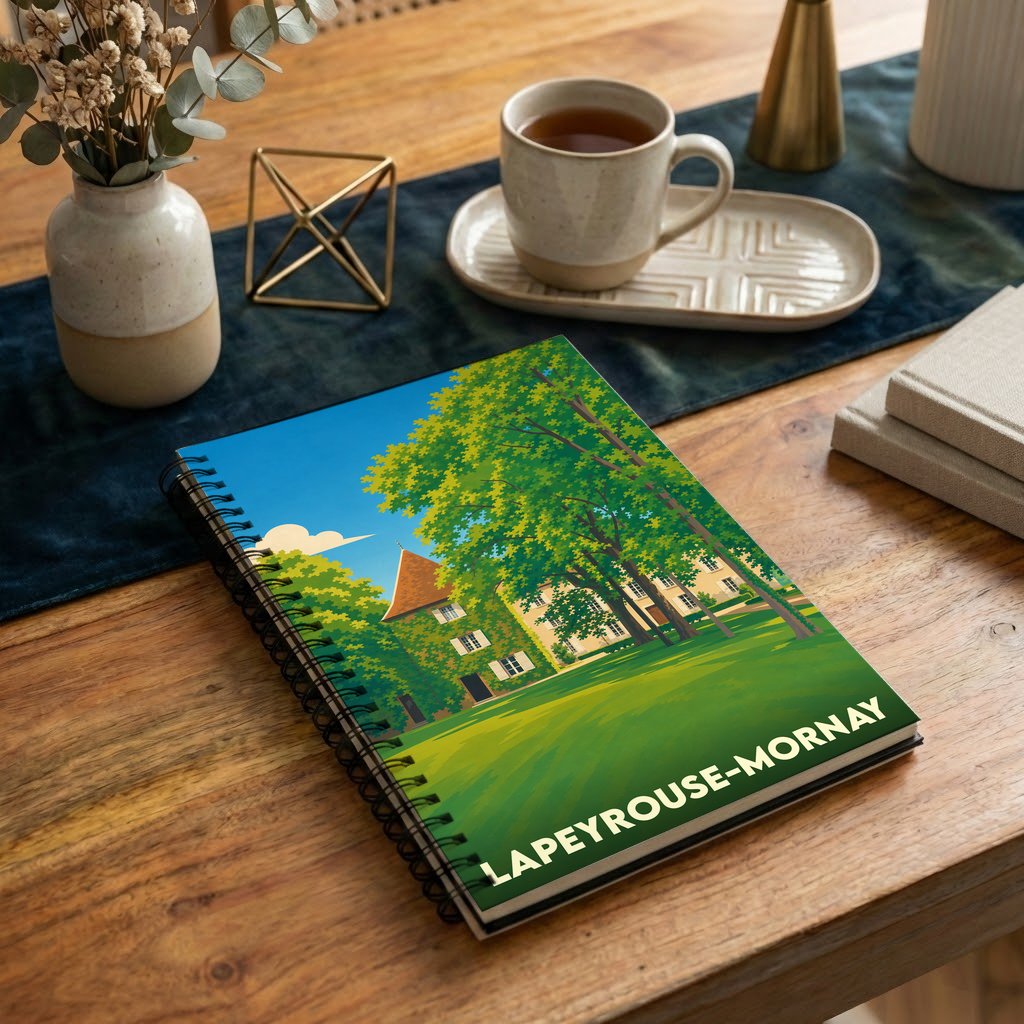 Carnet à spirales souvenir de la ville de Lapeyrouse-Mornay avec une illustration stylisée d'un domaine arboré.