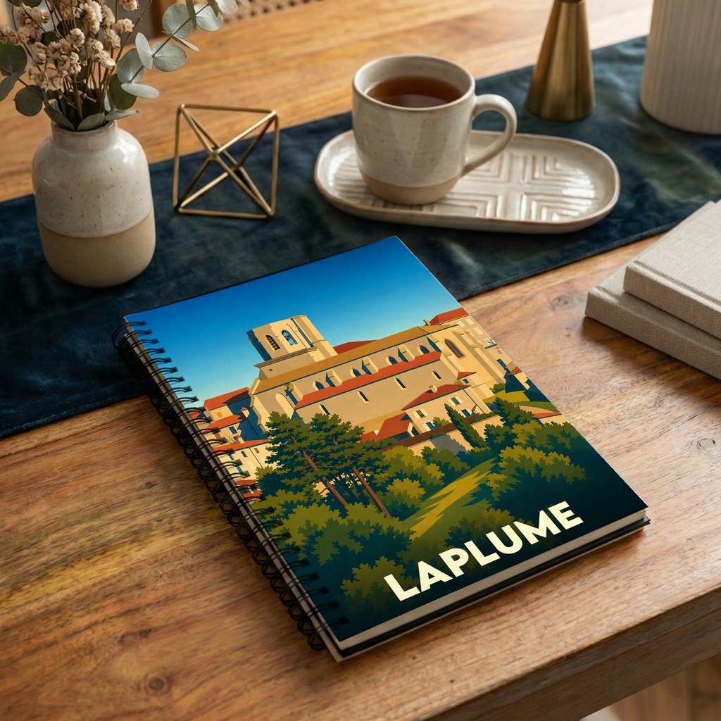 Carnet souvenir de la ville de Laplume orné d'une illustration stylisée de son église et de son paysage.