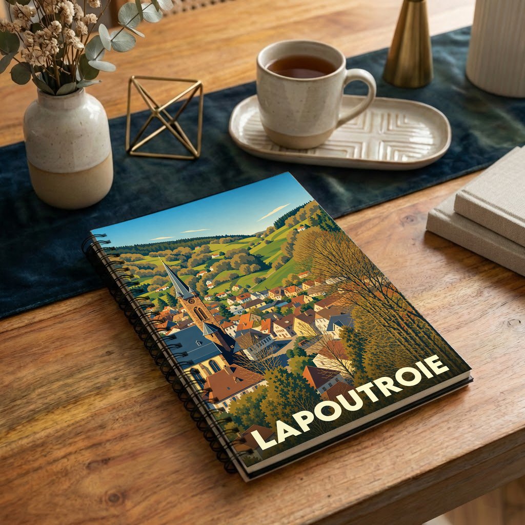 Carnet souvenir de la ville de Lapoutroie avec une illustration stylisée de son paysage urbain et verdoyant.