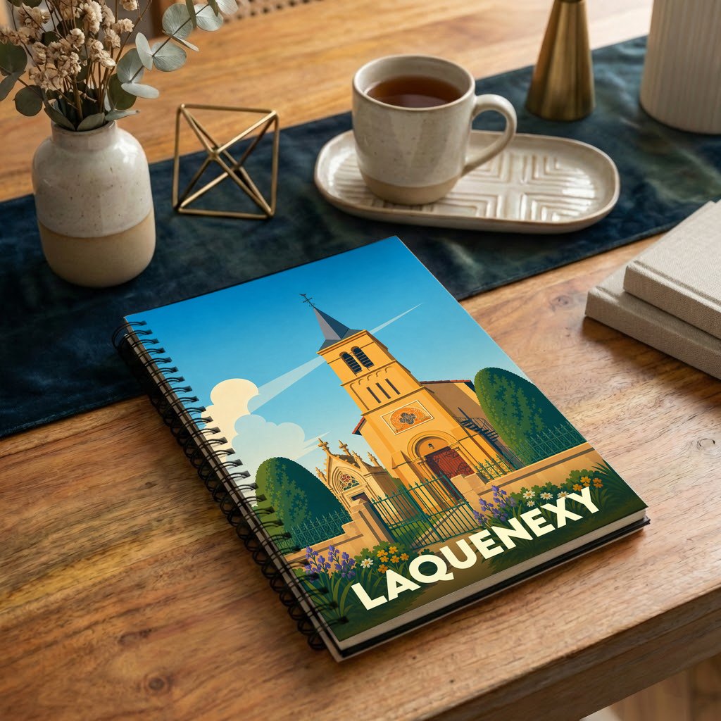 Carnet souvenir de la ville de Laquenexy avec une illustration stylisée de son église.