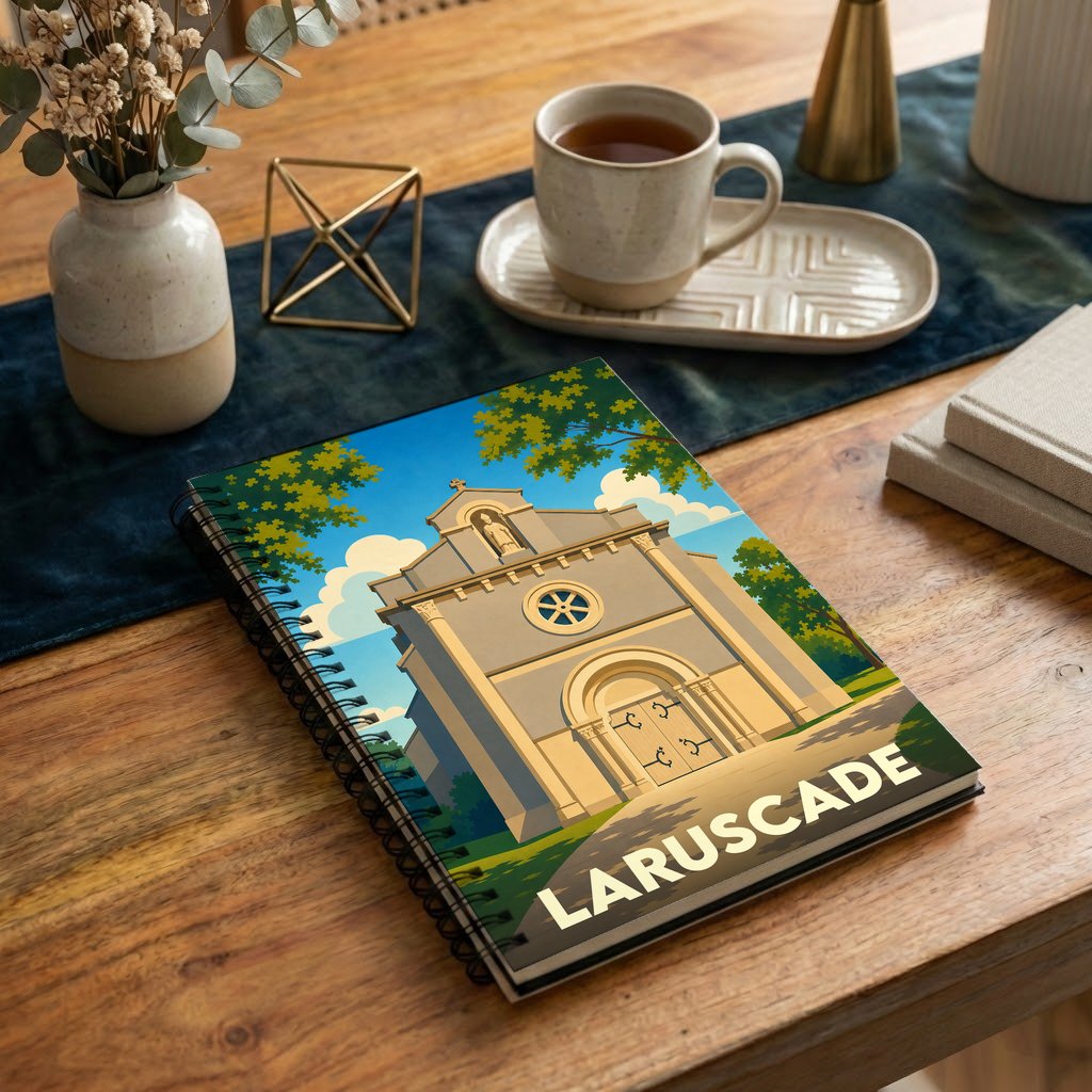 Carnet à spirales souvenir de la ville de Laruscade avec une illustration stylisée de son église.