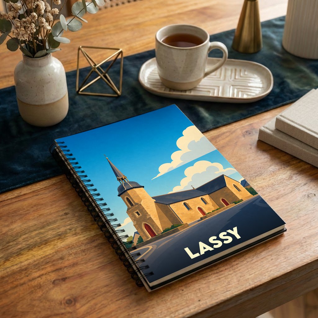 Carnet souvenir de la ville de Lassy avec une illustration stylisée de son église.