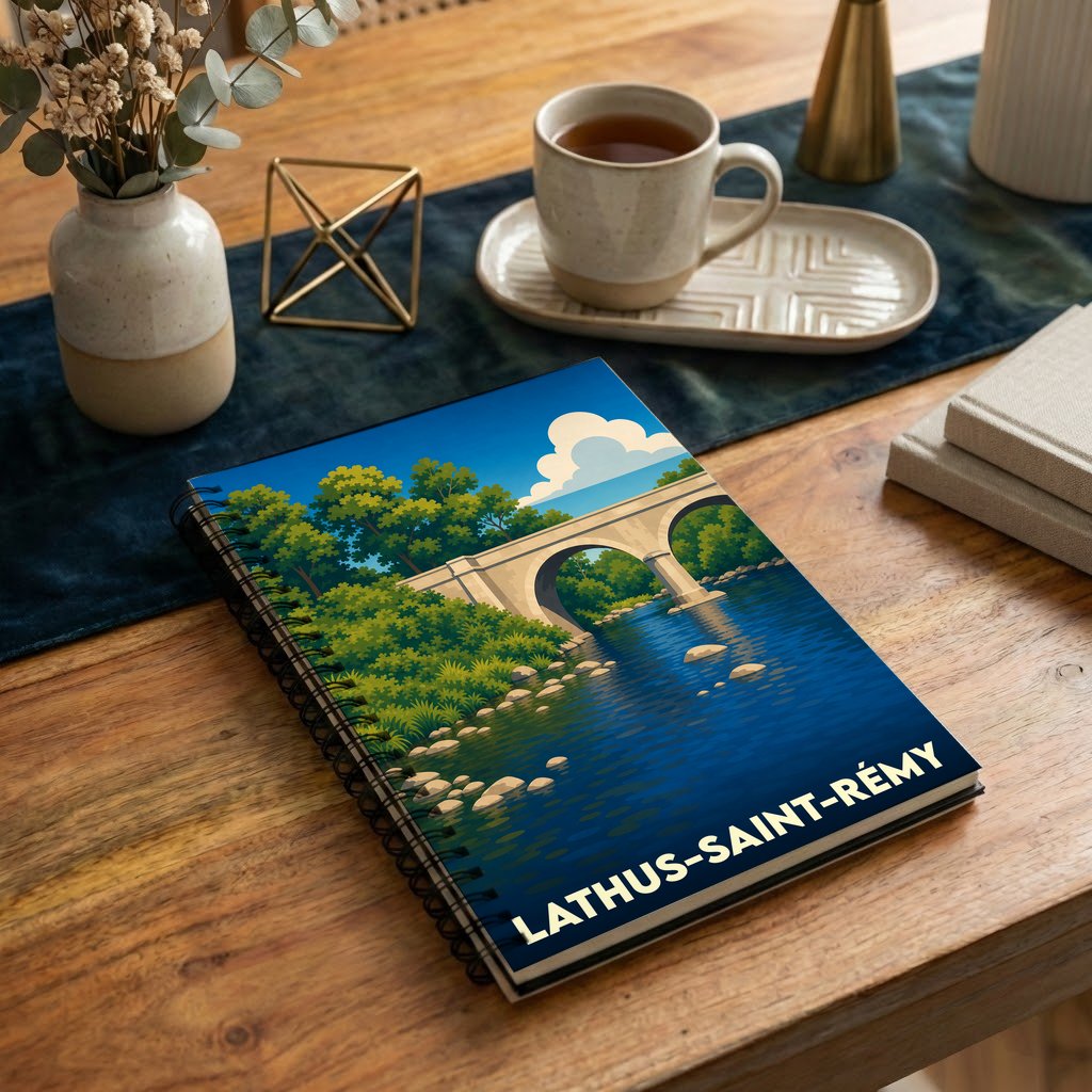 Carnet souvenir de la ville de Lathus-Saint-Rémy illustré d'un pont enjambant une rivière dans un style graphique épuré.
