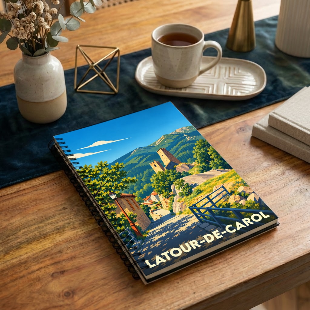 Carnet souvenir de la ville de Latour-de-Carol avec une illustration stylisée de ses paysages montagneux.