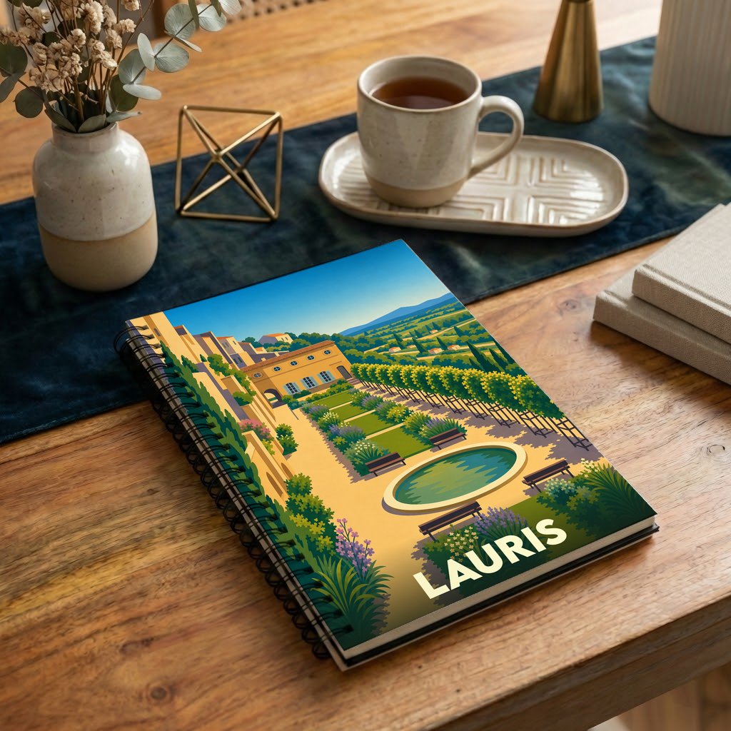 Carnet souvenir de la ville de Lauris avec une illustration stylisée d'un jardin méditerranéen.