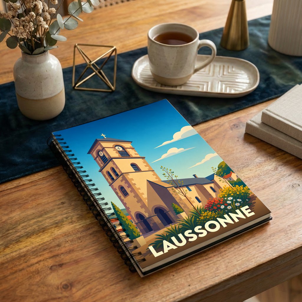 Carnet à spirales souvenir de la ville de Laussonne avec une illustration stylisée de son église.