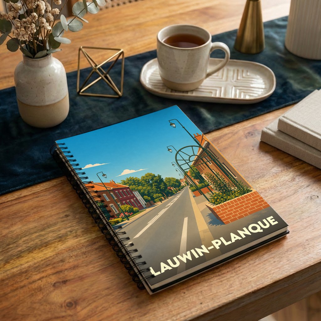 Carnet à spirales souvenir de la ville de Lauwin-Planque avec une illustration stylisée.