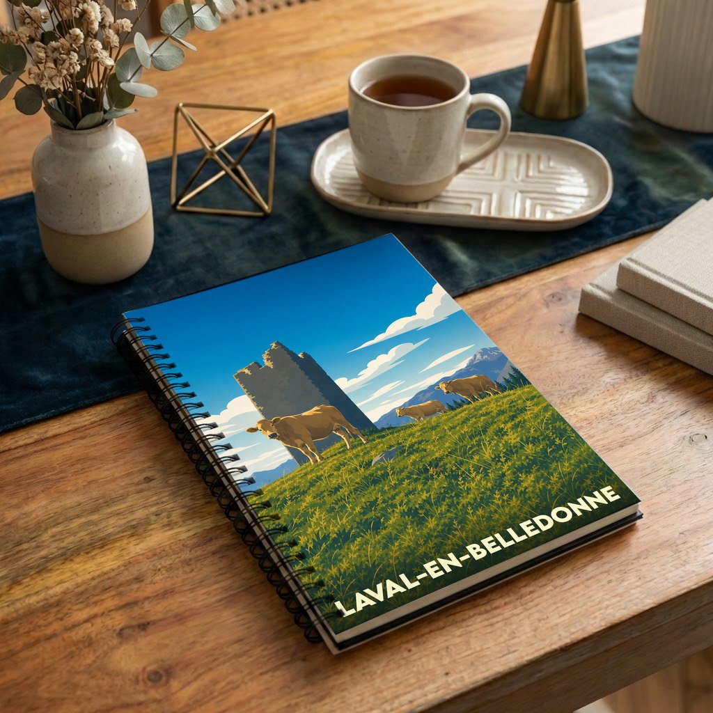 Carnet à spirales souvenir de Laval-en-Belledonne illustré d'un paysage montagneux avec des vaches et un château.