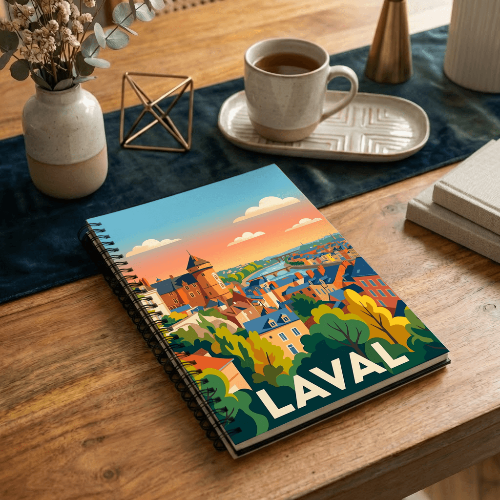 Carnet souvenir de la ville de Laval avec une illustration stylisée et colorée.