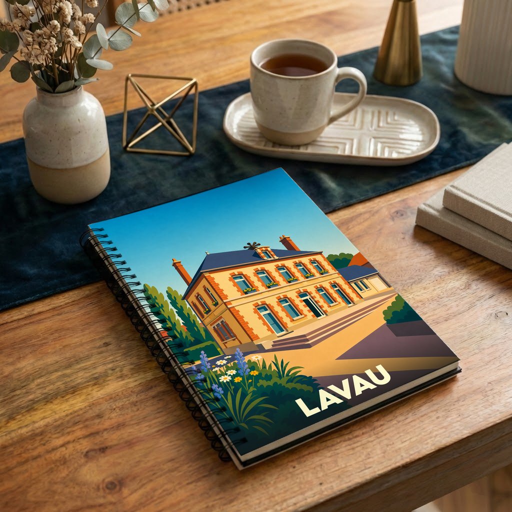 Carnet de notes à spirales souvenir de la ville de Lavau avec une illustration stylisée d'une demeure bourgeoise.