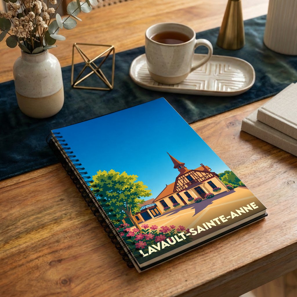 Carnet de notes à spirales souvenir de Lavault-Sainte-Anne avec une illustration stylisée de la ville.