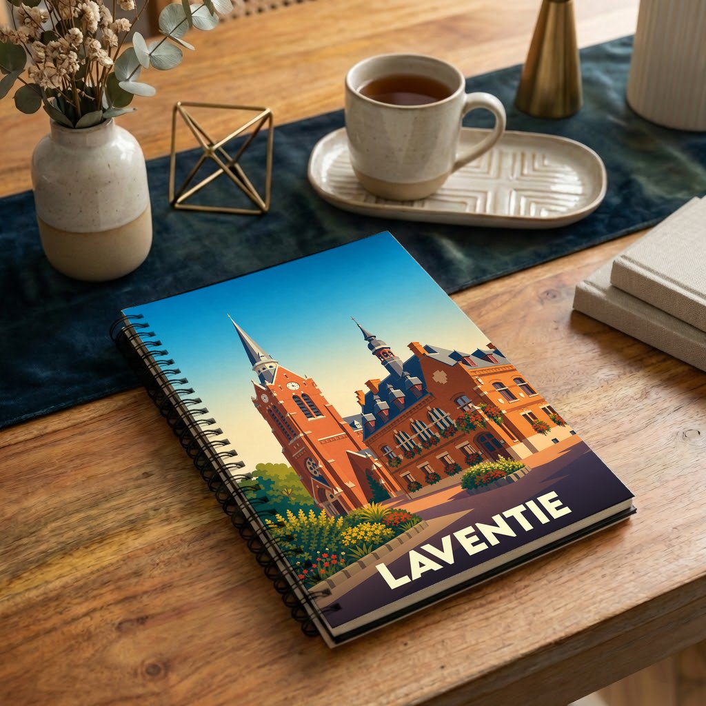 Carnet à spirales souvenir de la ville de Laventie illustré par un dessin stylisé de son hôtel de ville.