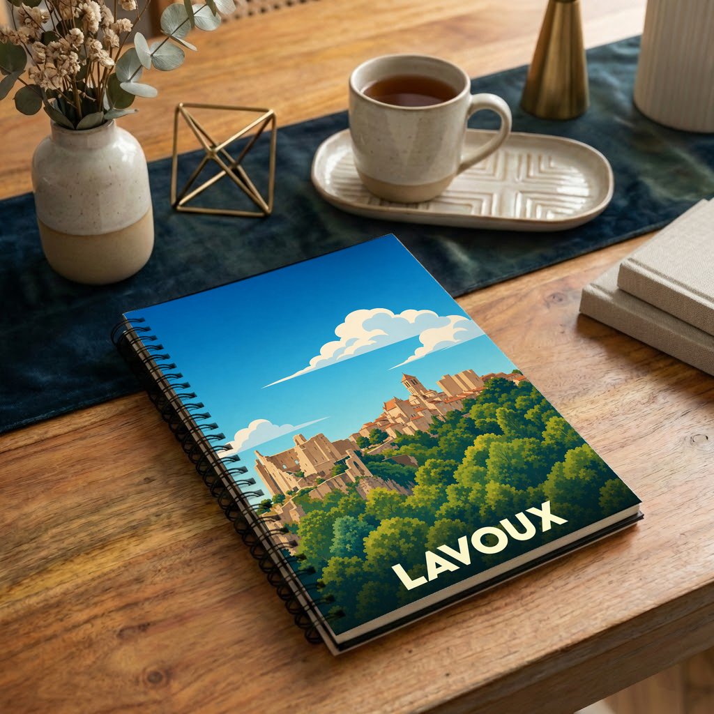 Carnet à spirales souvenir de la ville de Lavoux avec une illustration stylisée de son paysage urbain et de sa nature.
