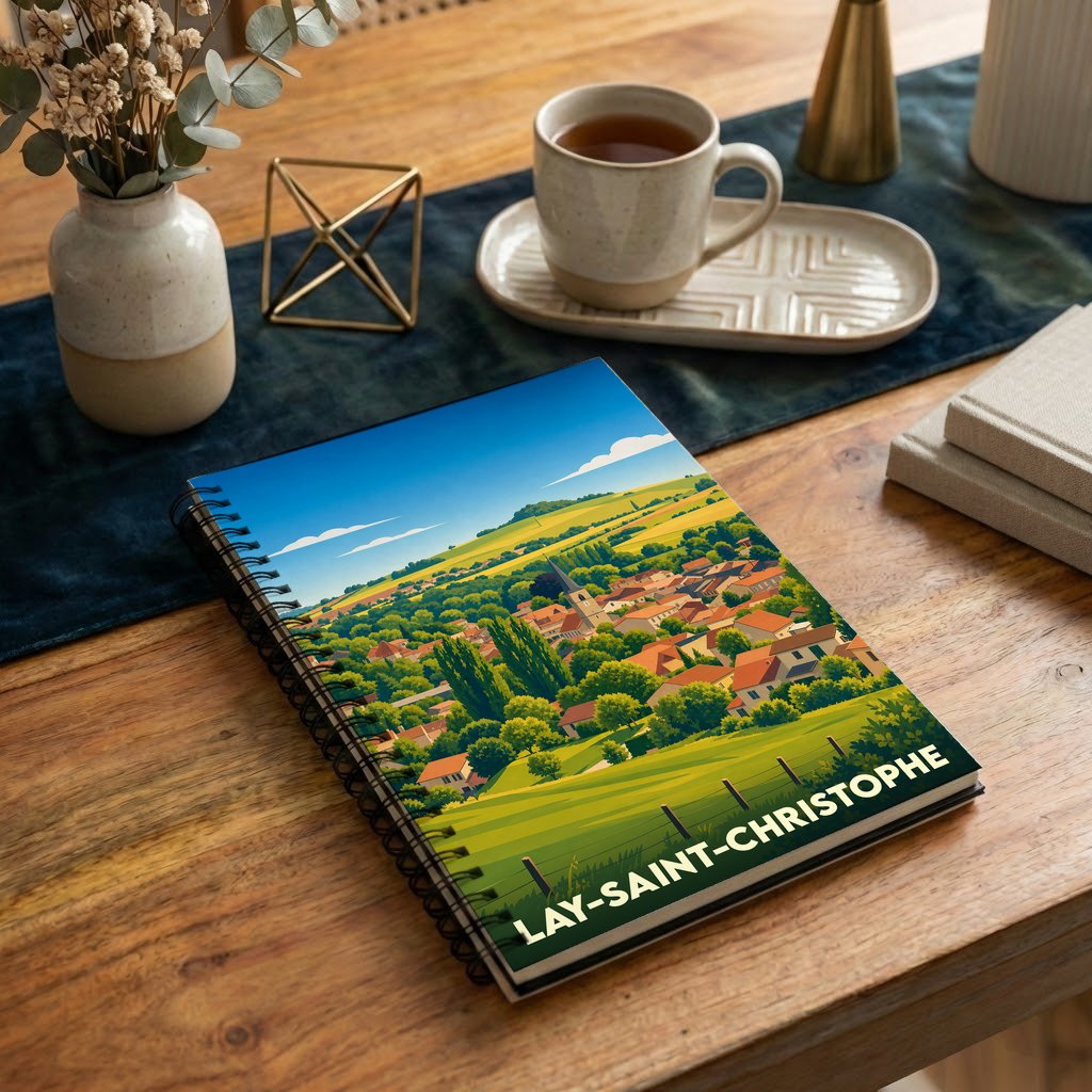 Carnet de notes souvenir de la ville de Lay-Saint-Christophe avec une illustration stylisée de son paysage champêtre.