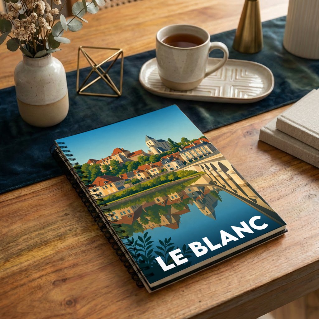 Carnet souvenir à spirales de la ville de Le Blanc illustré par un paysage urbain stylisé se reflétant sur l'eau.