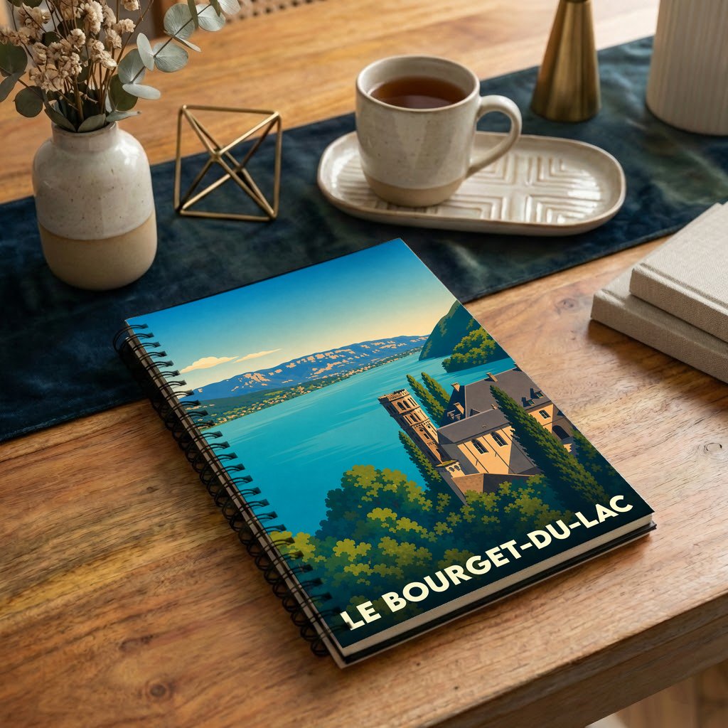 Carnet à spirale souvenir de la ville du Bourget-du-Lac avec une illustration stylisée du lac et de son château.