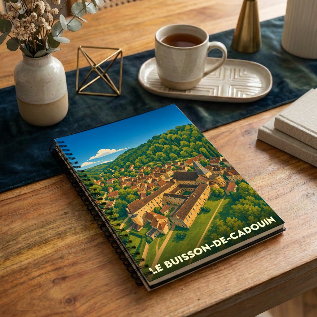 Carnet souvenir de la ville de Le Buisson-de-Cadouin avec une illustration stylisée vue du ciel.