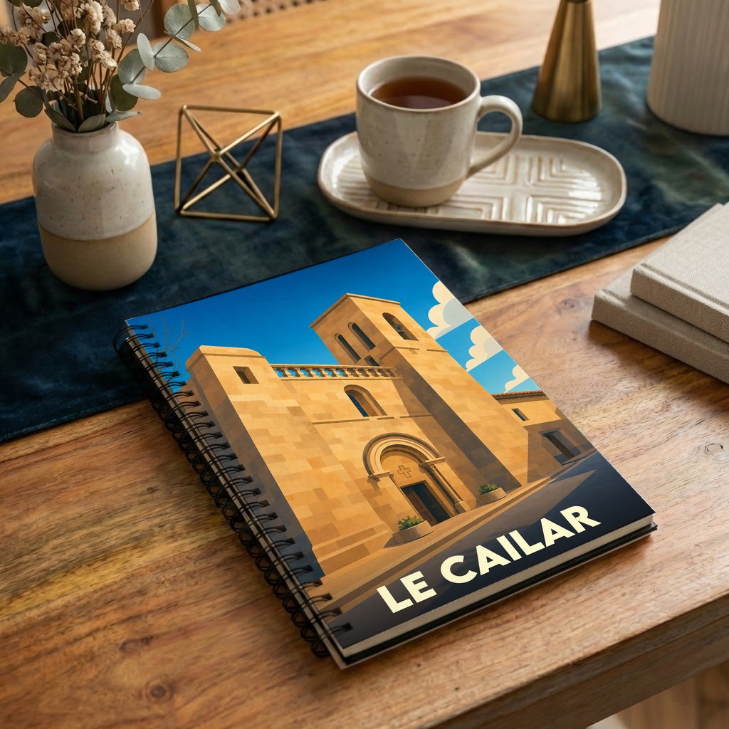 Carnet souvenir de la ville de Le Cailar avec une illustration stylisée de son église sous un ciel bleu.