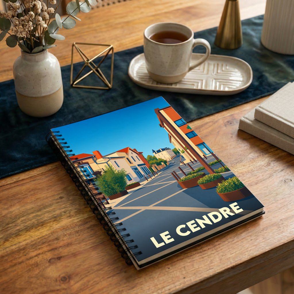 Carnet à spirales souvenir de la ville de Le Cendre illustré d'un dessin stylisé d'une rue ensoleillée.