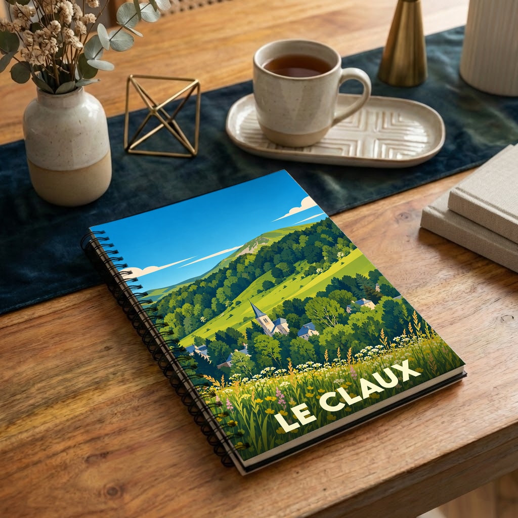 Carnet à spirales souvenir de la ville de Le Claux avec une illustration stylisée de paysages montagneux.