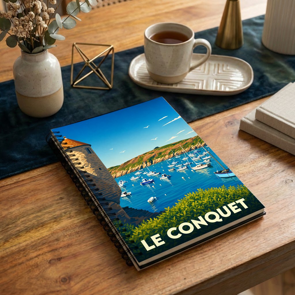 Carnet de notes à spirale souvenir de la ville du Conquet avec une illustration stylisée de son port.