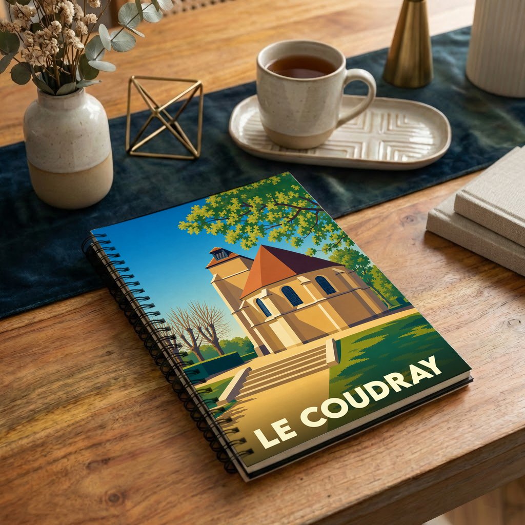 Carnet à spirales souvenir de la ville de Le Coudray avec une illustration stylisée de son église.