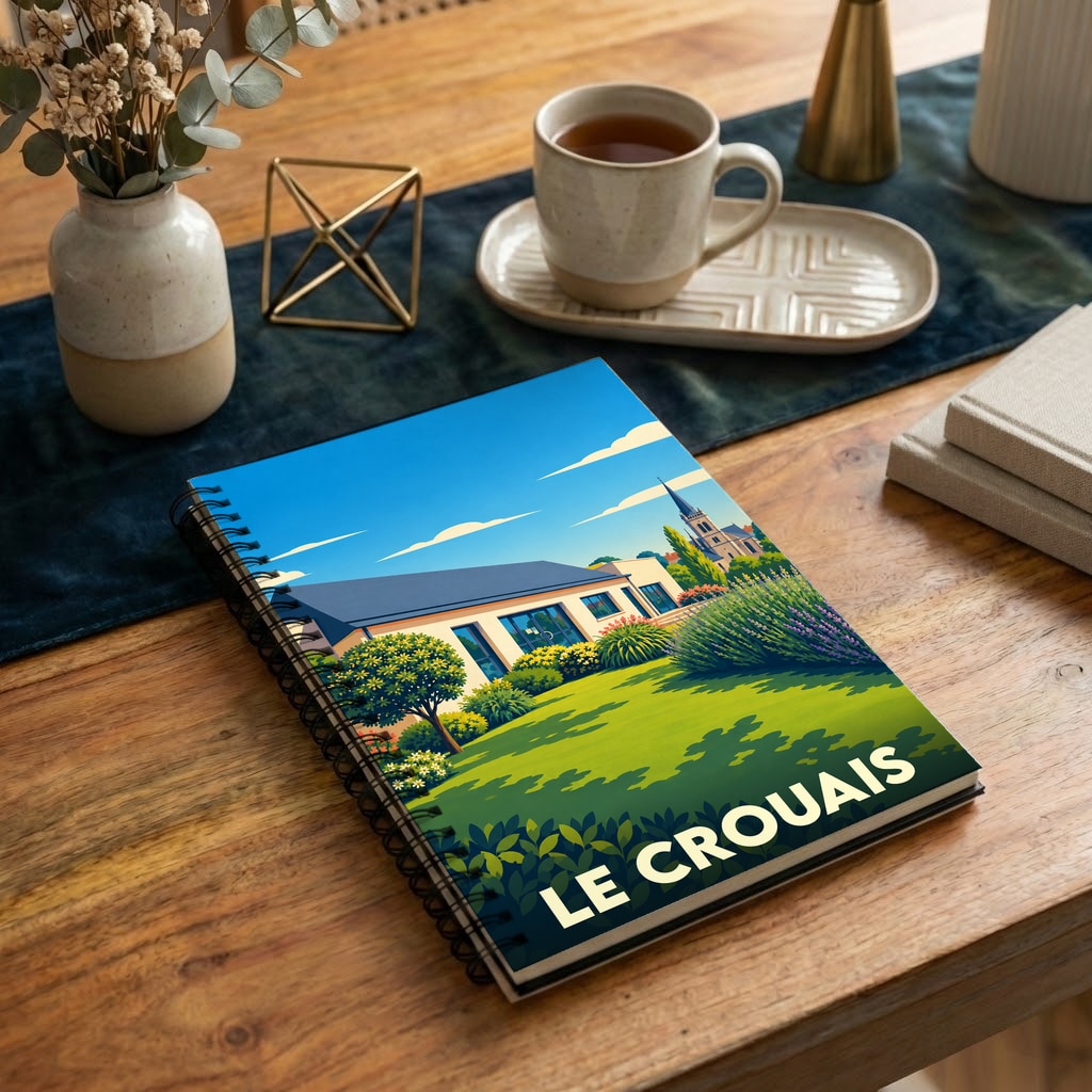Carnet de notes à spirales souvenir de la ville de Le Crouais avec une illustration paysagère stylisée.