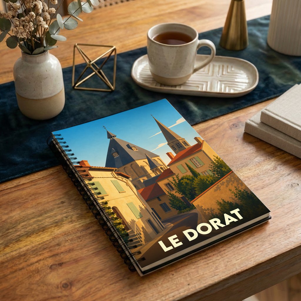 Carnet à spirales souvenir de la ville de Le Dorat avec une illustration stylisée.