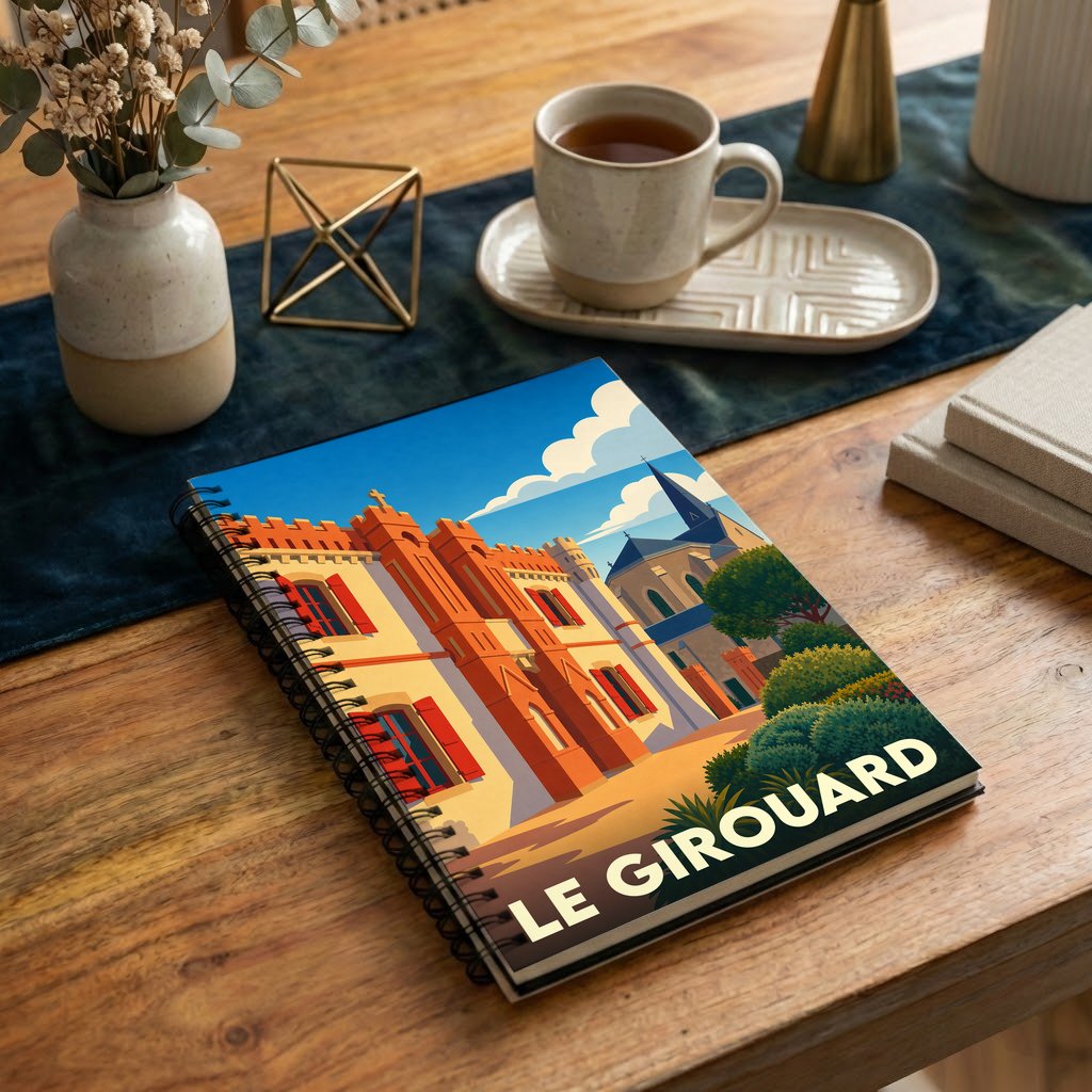 Carnet souvenir de la ville de Le Girouard illustré par une scène architecturale colorée et stylisée.
