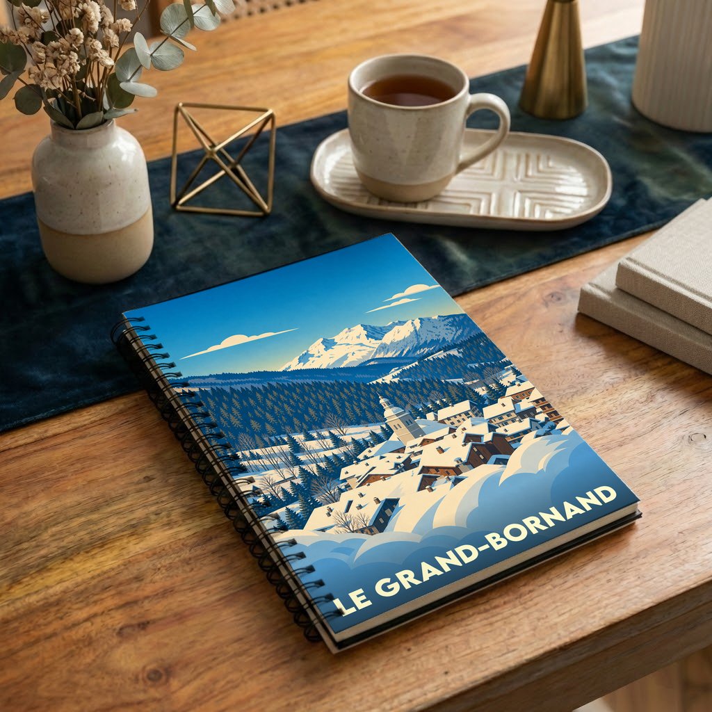 Carnet à spirales souvenir du Grand-Bornand avec une illustration stylisée d'un village de montagne enneigé.