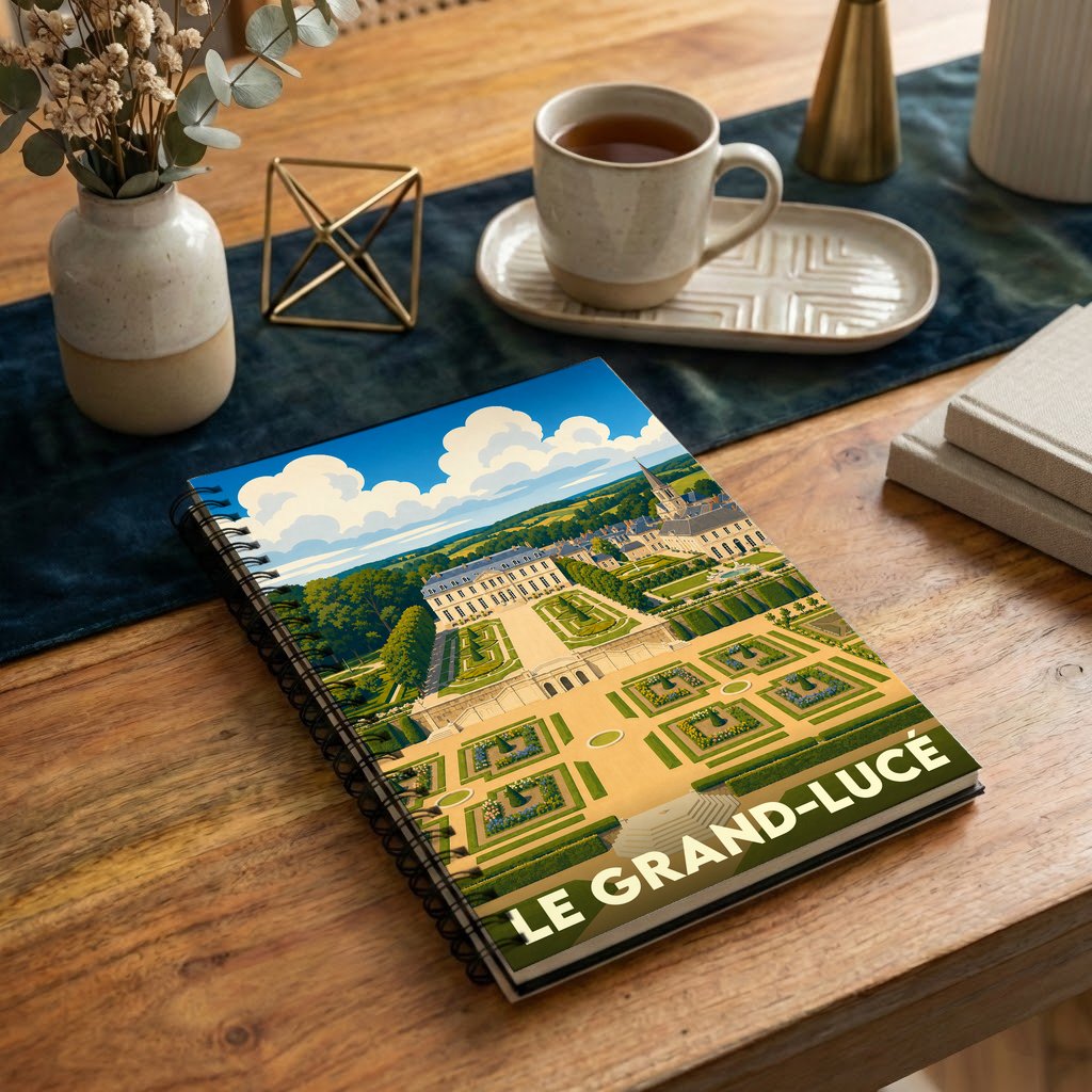 Carnet à spirales souvenir de la ville de Le Grand-Lucé avec une illustration stylisée de son château et ses jardins.