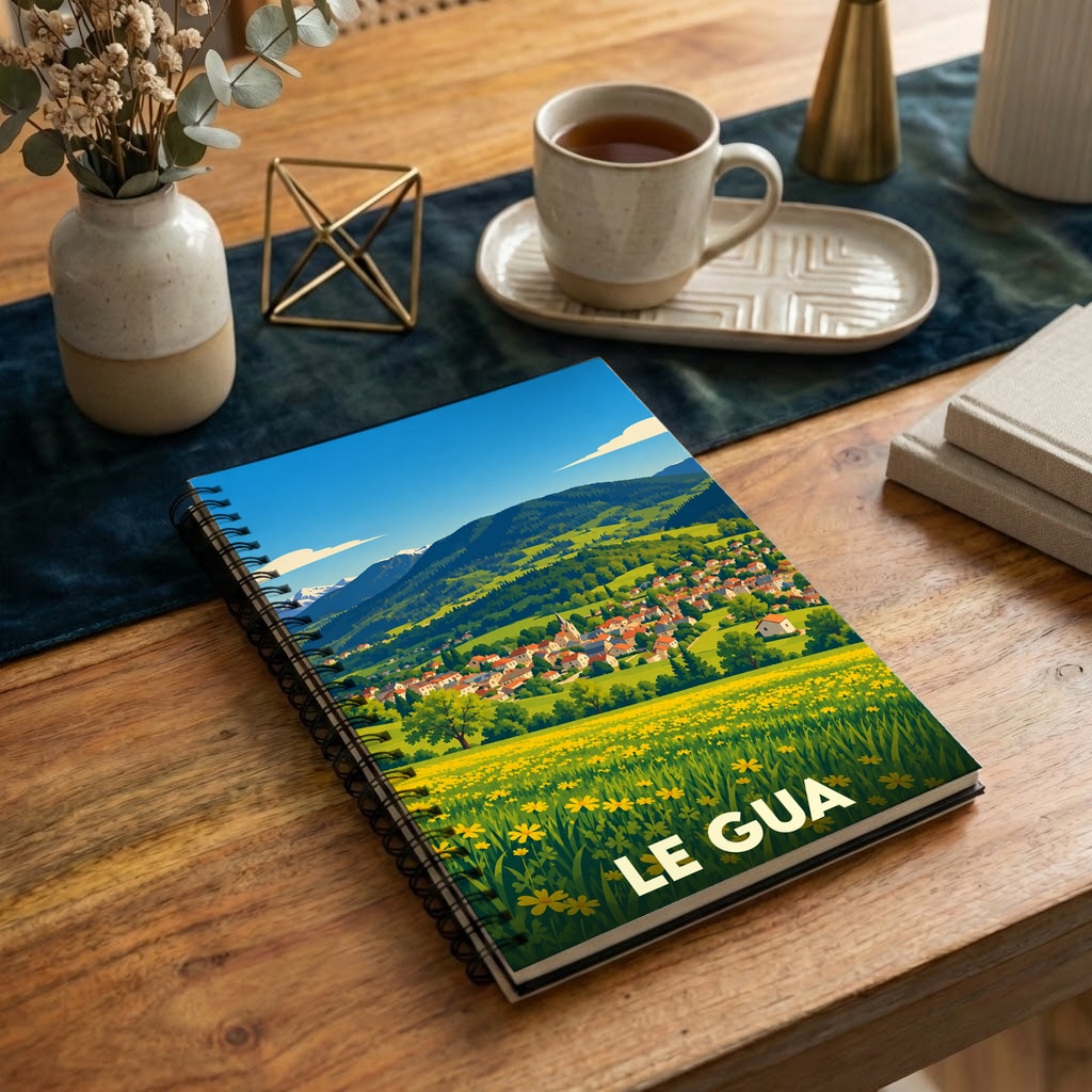 Carnet souvenir de la ville de Le Gua avec une illustration stylisée de son paysage montagneux.