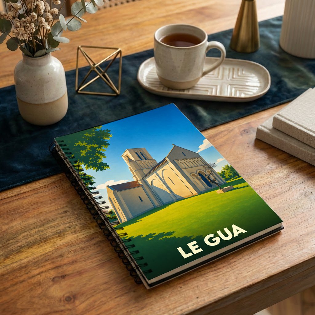 Carnet souvenir de la ville de Le Gua avec une illustration stylisée de son église sous un ciel bleu.