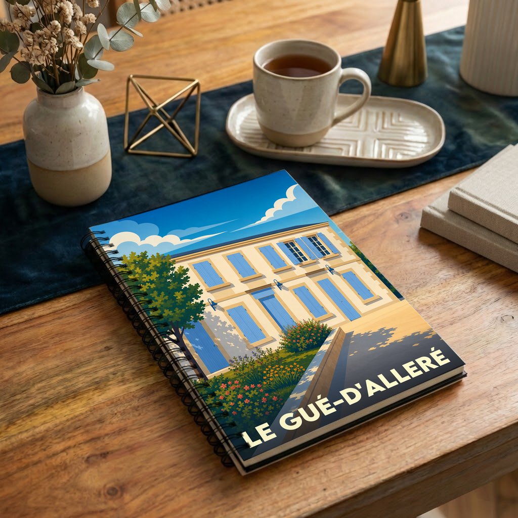 Carnet souvenir de la ville de Le Gué-d'Alleré avec une illustration stylisée d'une maison aux volets bleus.