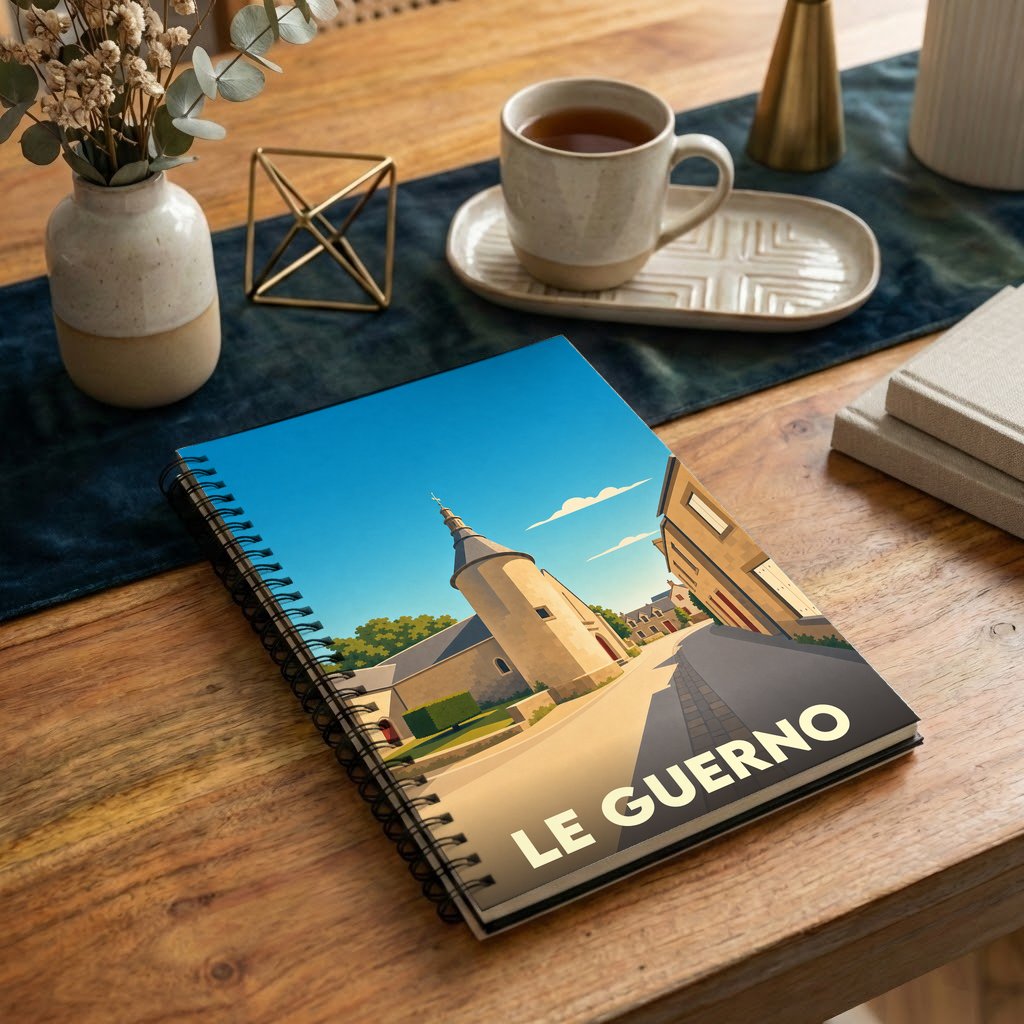 Carnet de notes souvenir de la ville de Le Guerno avec une illustration stylisée de son architecture.