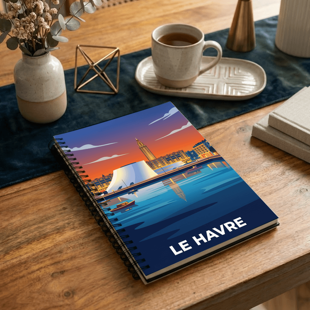 Carnet de notes souvenir de la ville de Le Havre avec une illustration stylisée.