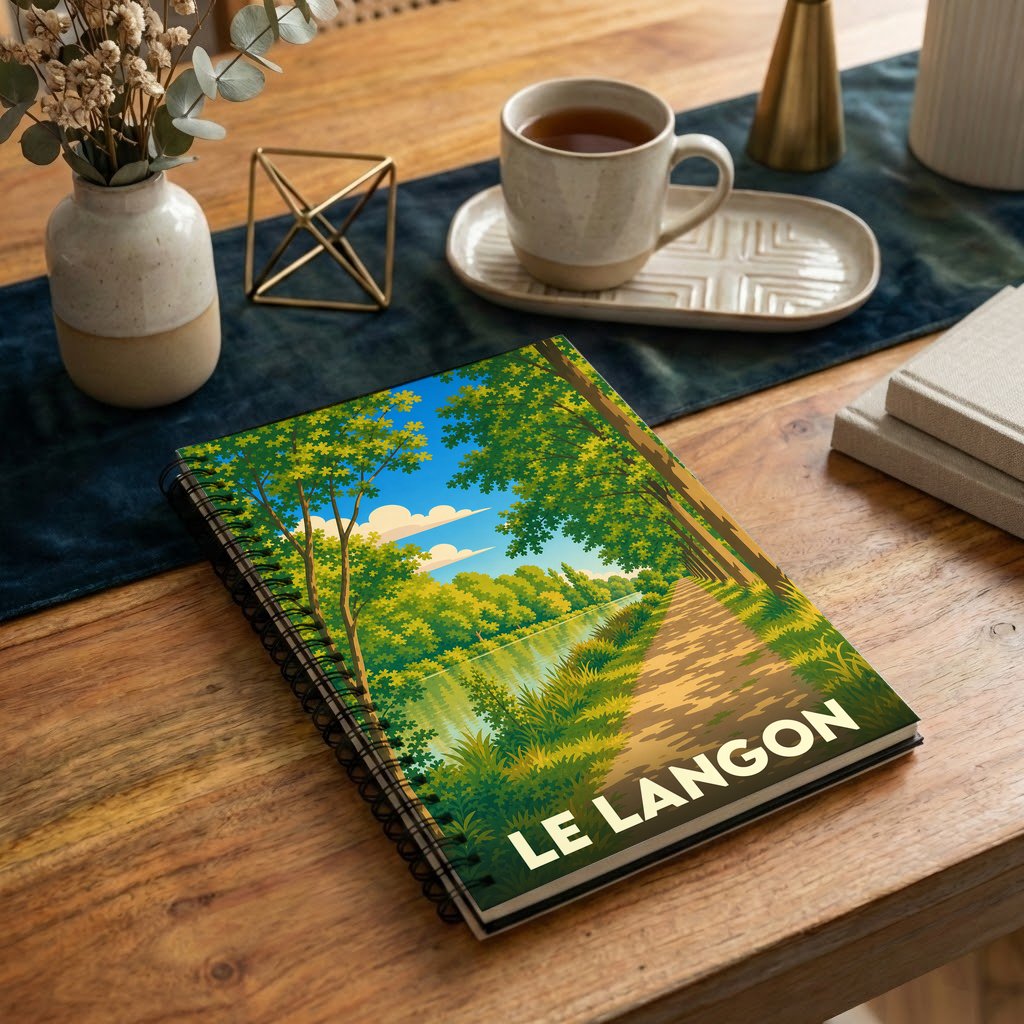 Carnet à spirales souvenir de la ville de Le Langon avec une illustration stylisée d'un paysage de rivière.