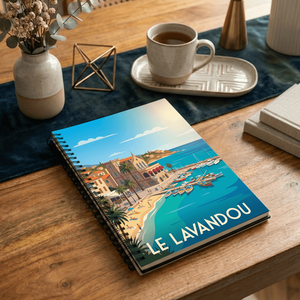 Carnet souvenir de la ville de Le Lavandou avec une illustration stylisée de son port et de sa plage.