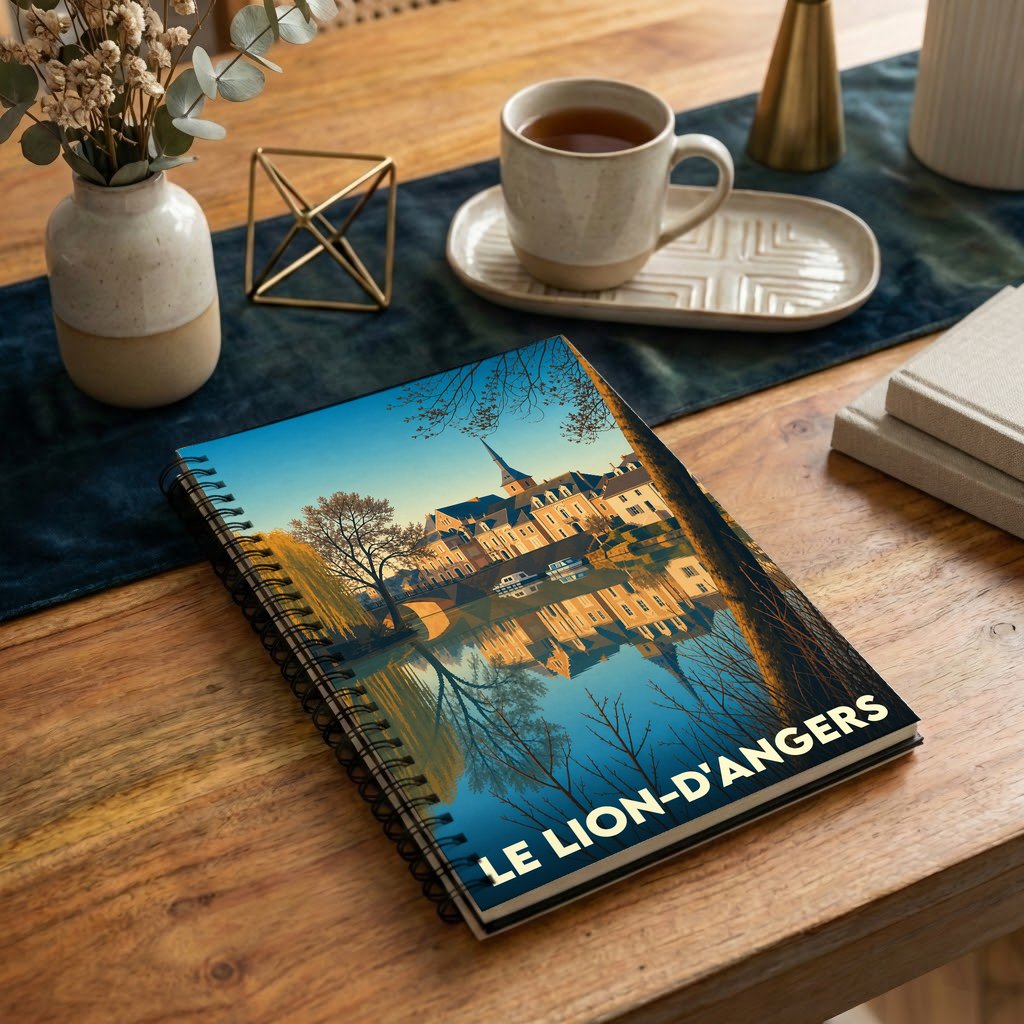 Carnet souvenir de la ville de Le Lion-d'Angers avec une illustration stylisée reflétant le paysage urbain sur l'eau.