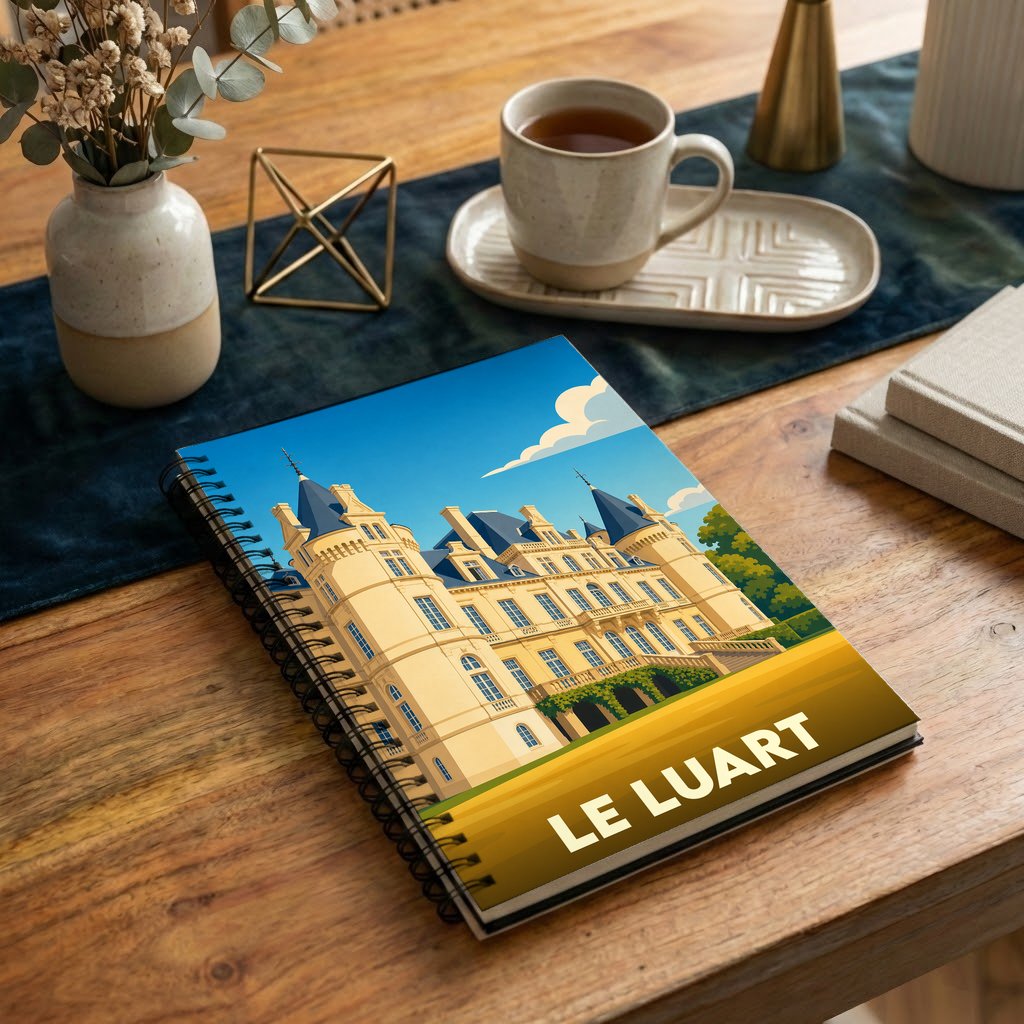 Carnet à spirales souvenir de la ville du Luart illustré d'un château de style classique.