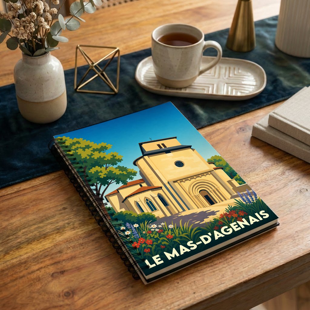 Carnet de notes à spirales souvenir de la ville de Le Mas-d'Agenais avec une illustration stylisée de son église collégiale.