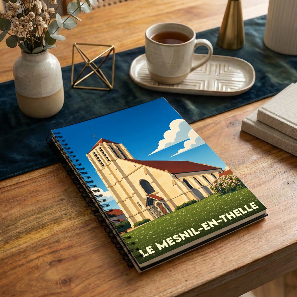 Carnet à spirale souvenir de la ville de Le Mesnil-en-Thelle avec une illustration stylisée de son église.