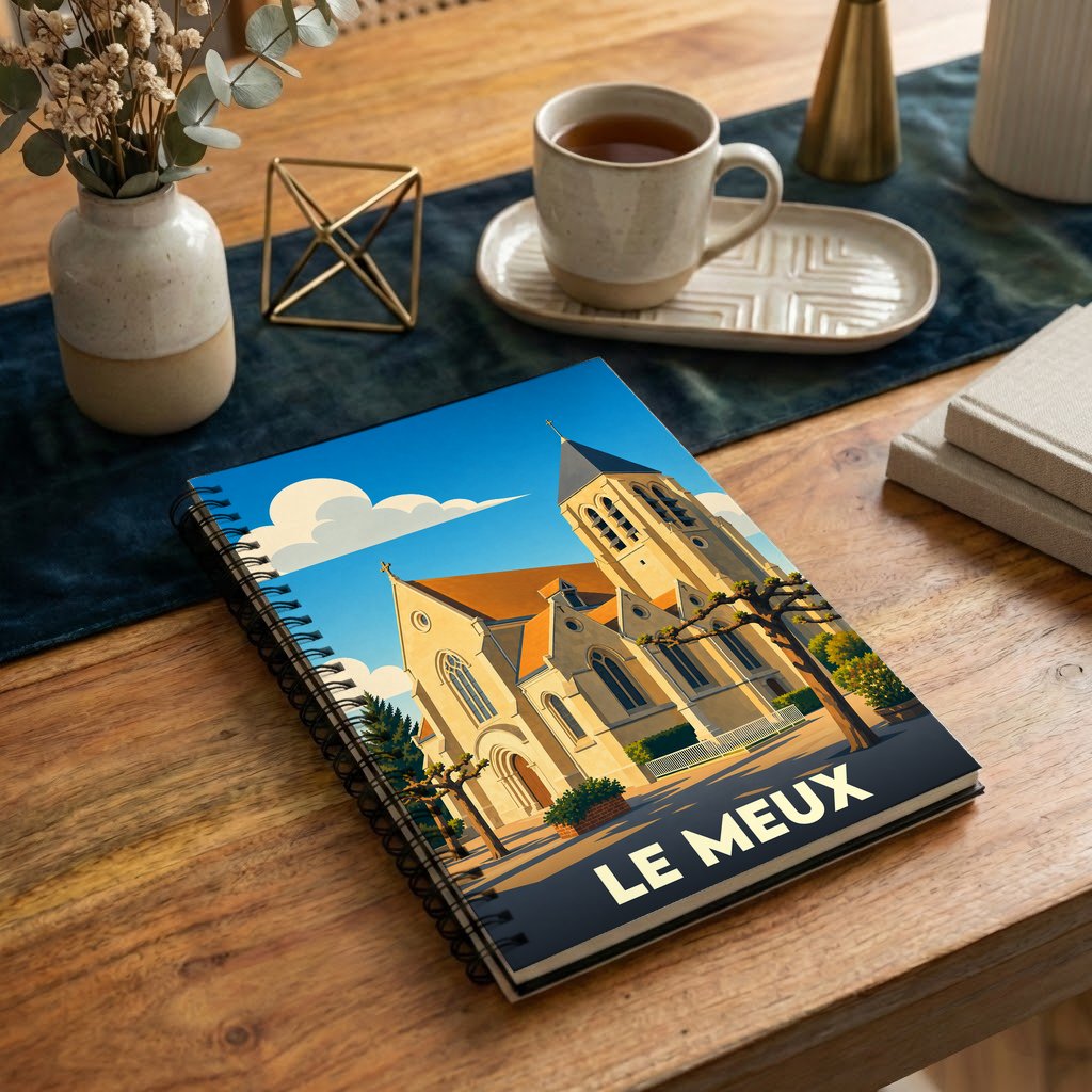 Carnet souvenir de la ville du Meux avec une illustration stylisée d'une église.