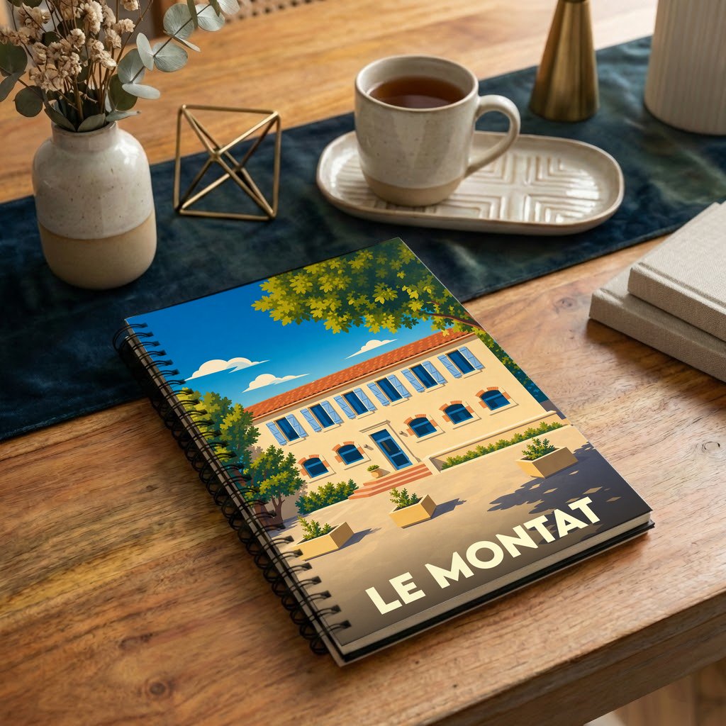 Carnet à spirales souvenir de la ville de Le Montat avec une illustration stylisée.