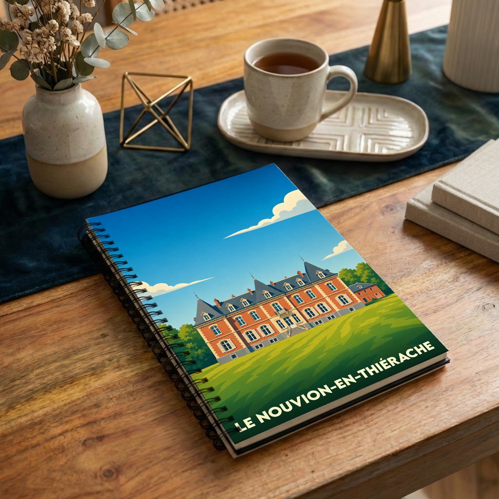 Carnet souvenir de la ville de Le Nouvion-en-Thiérache avec une illustration stylisée de son château.