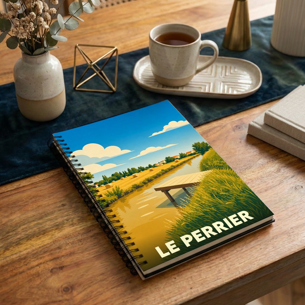 Carnet à spirales souvenir de la ville de Le Perrier avec une illustration stylisée de paysage champêtre.