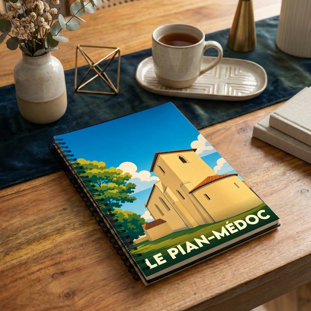 Carnet à spirales souvenir de la ville du Pian-Médoc avec une illustration stylisée de son église.
